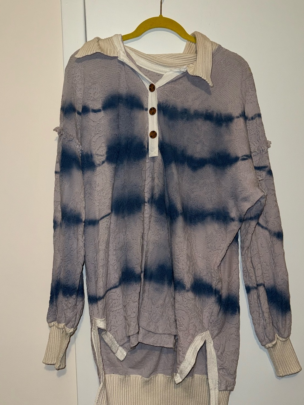 Free People Blue Tie-Dye Polo Knit with Cream Collar - Picture 2 of 3